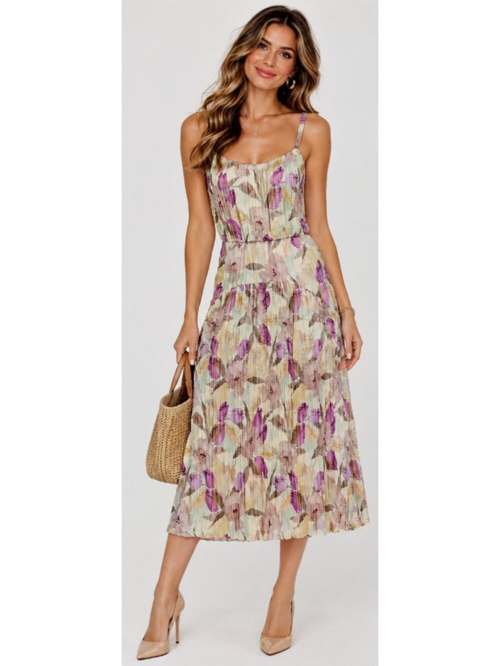 Vince Nouveau Magnolia Floral Crushed Plisse Satin Cami Midi Dress